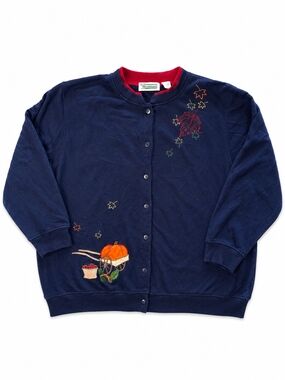 90s Pumpkin Embroidered Button-Up Navy Cardigan, Size 3XL